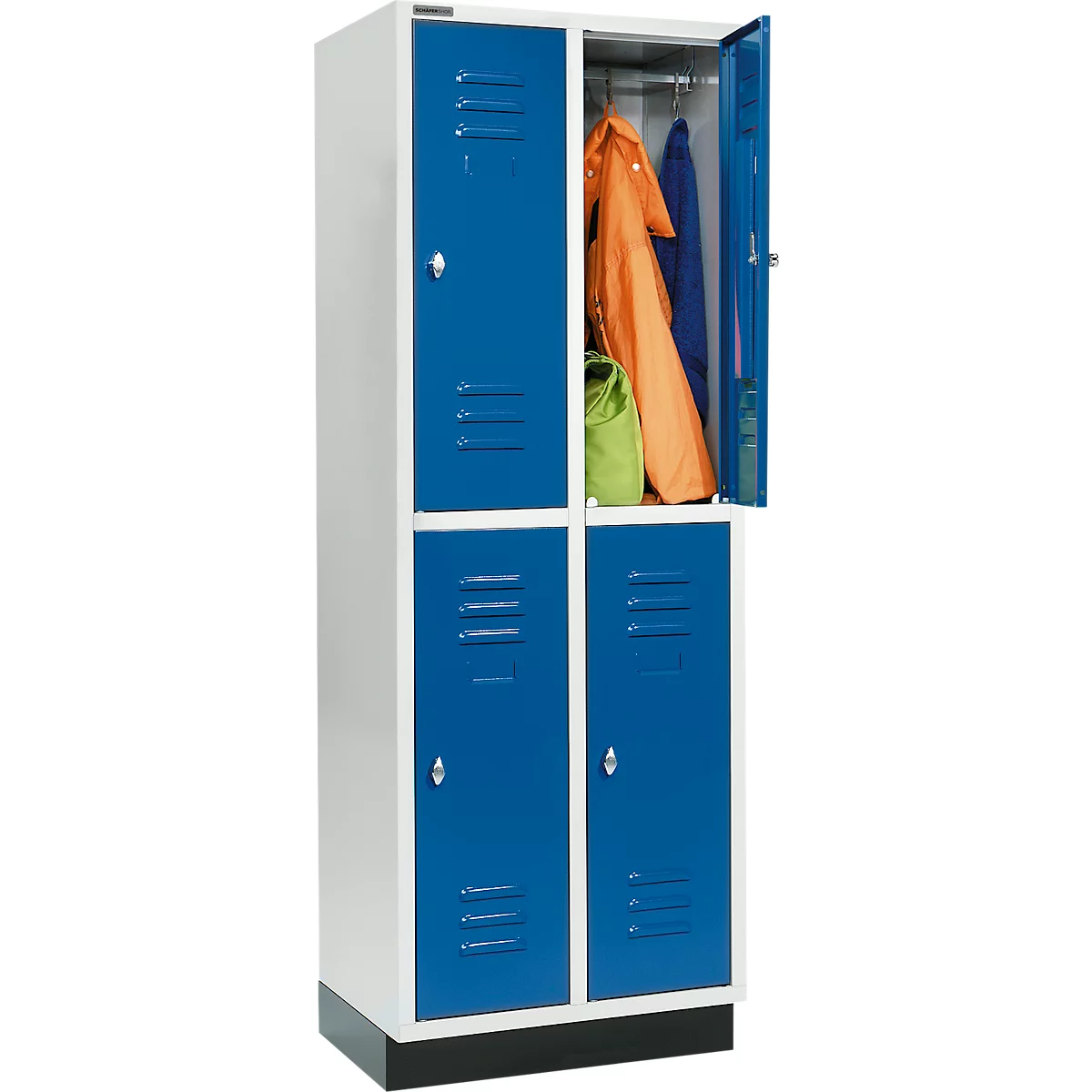 Schäfer Shop Select Armario para ropa, 2 x 2 compartimentos, 300 mm, con base, cerradura con pestillo giratorio, puerta azul genciana