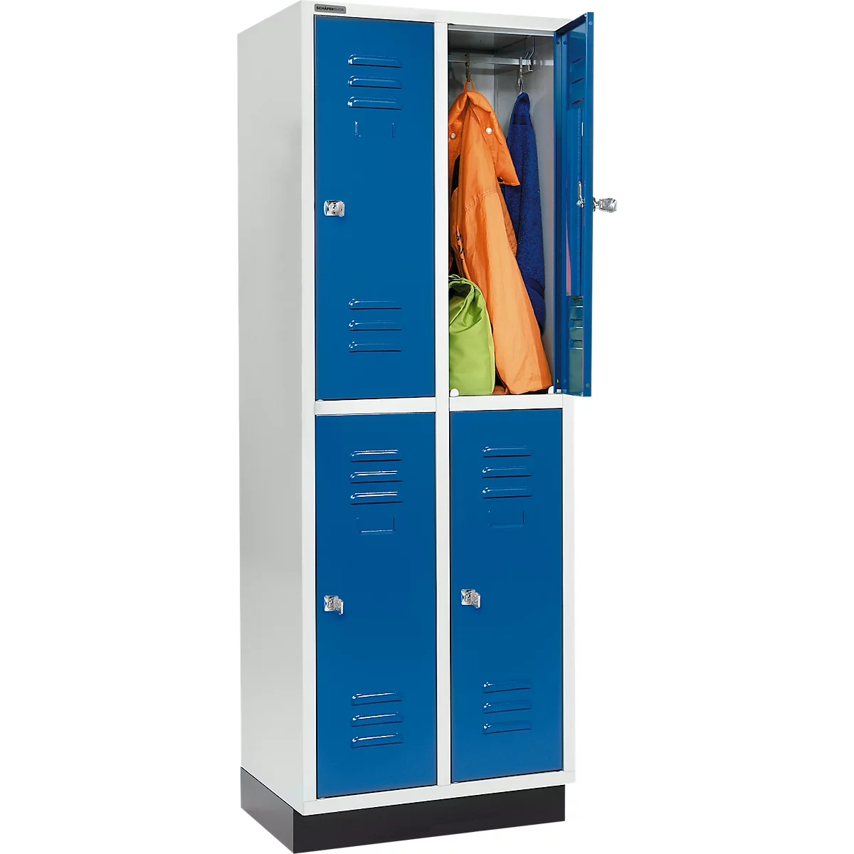 Schäfer Shop Select Armario para ropa, 2 x 2 compartimentos, 300 mm, con zócalo, cerradura de cilindro, puerta azul genciana