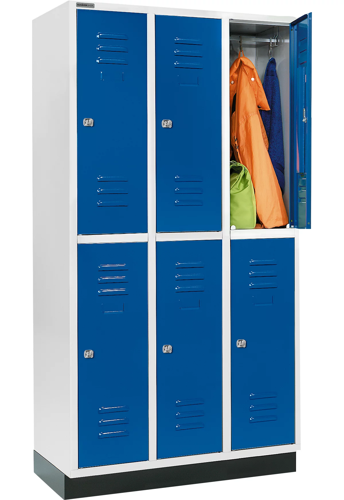 Schäfer Shop Select Armario para ropa, con 3 x 2 compartimentos, 300 mm, con base, cerradura de cilindro, puerta azul genciana