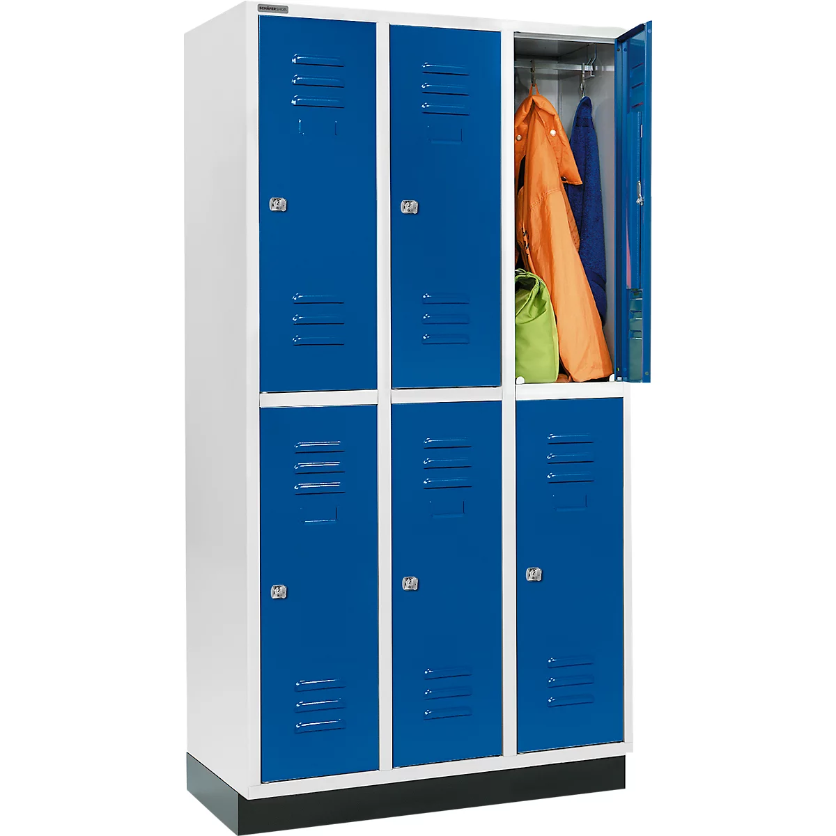 Schäfer Shop Select Armario para ropa, con 3 x 2 compartimentos, 300 mm, con base, cerradura de cilindro, puerta azul genciana