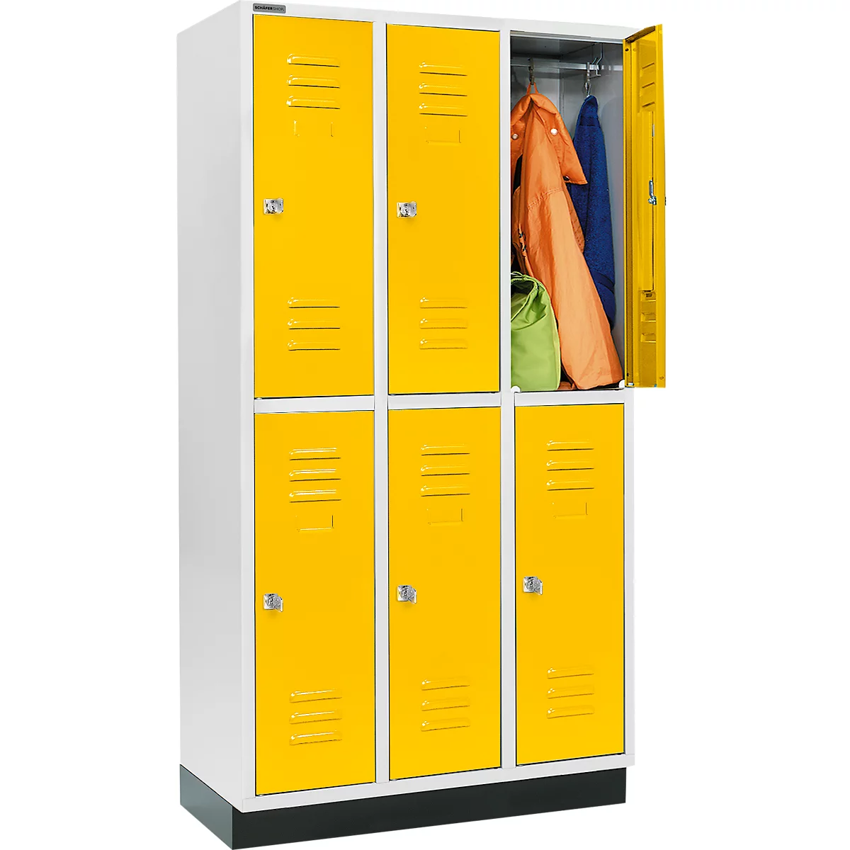 Schäfer Shop Select Armario para ropa, con 3 x 2 compartimentos, 300 mm, con zócalo, cerradura de cilindro, puerta de color amarillo