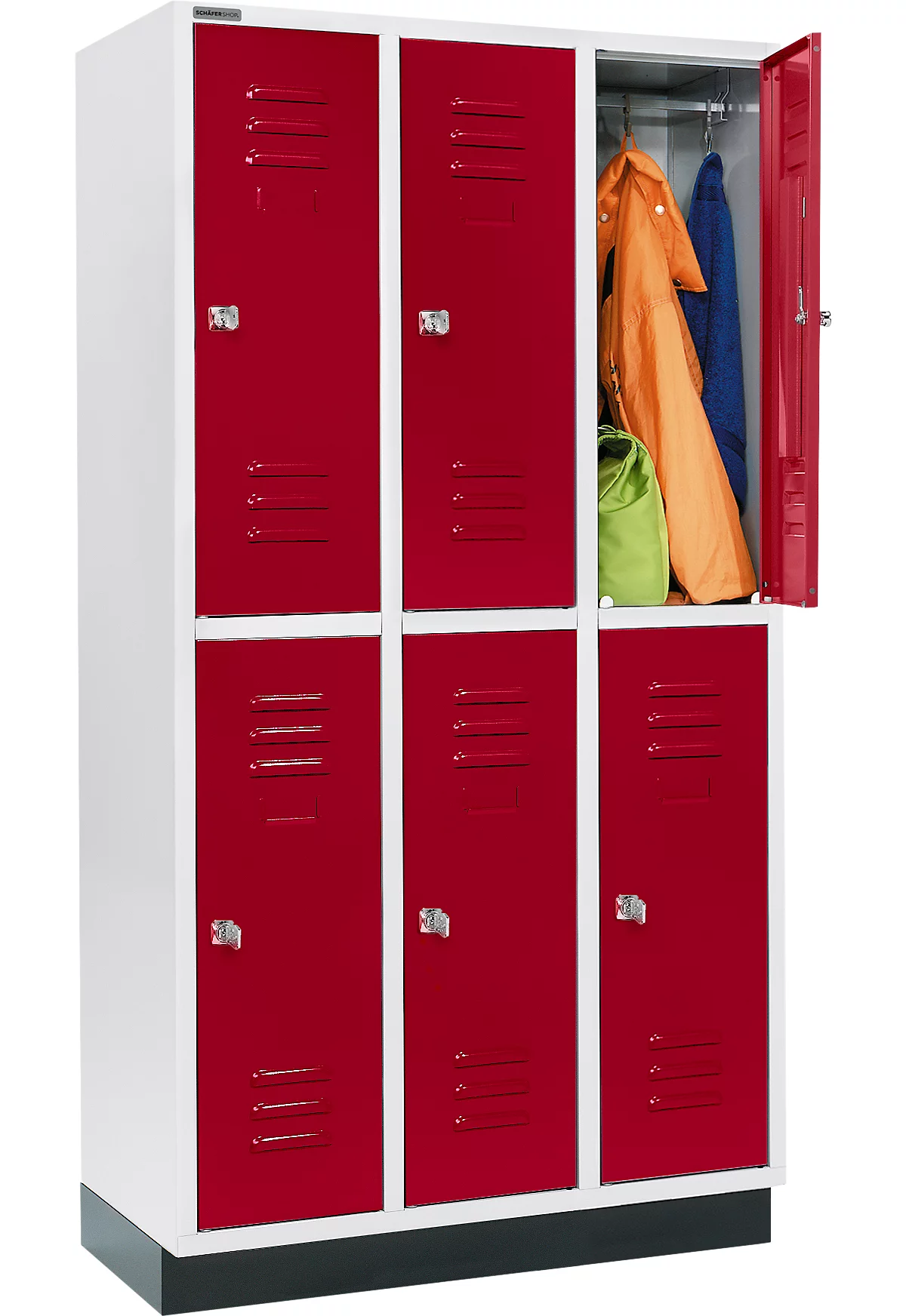 Schäfer Shop Select Armario para ropa, con 3 x 2 compartimentos, 300 mm, con zócalo, cerradura de cilindro, puerta rojo rubí