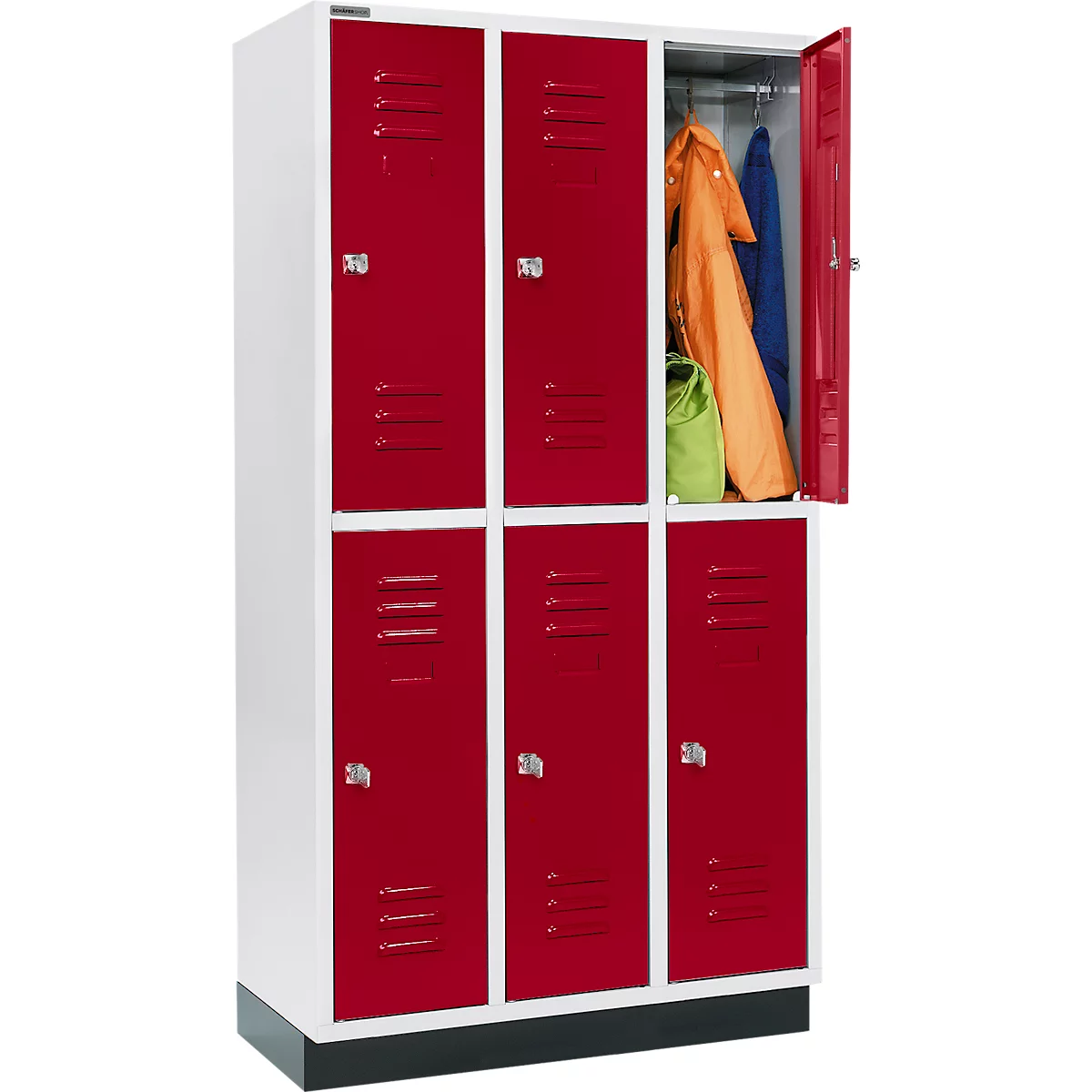 Schäfer Shop Select Armario para ropa, con 3 x 2 compartimentos, 300 mm, con zócalo, cerradura de cilindro, puerta rojo rubí