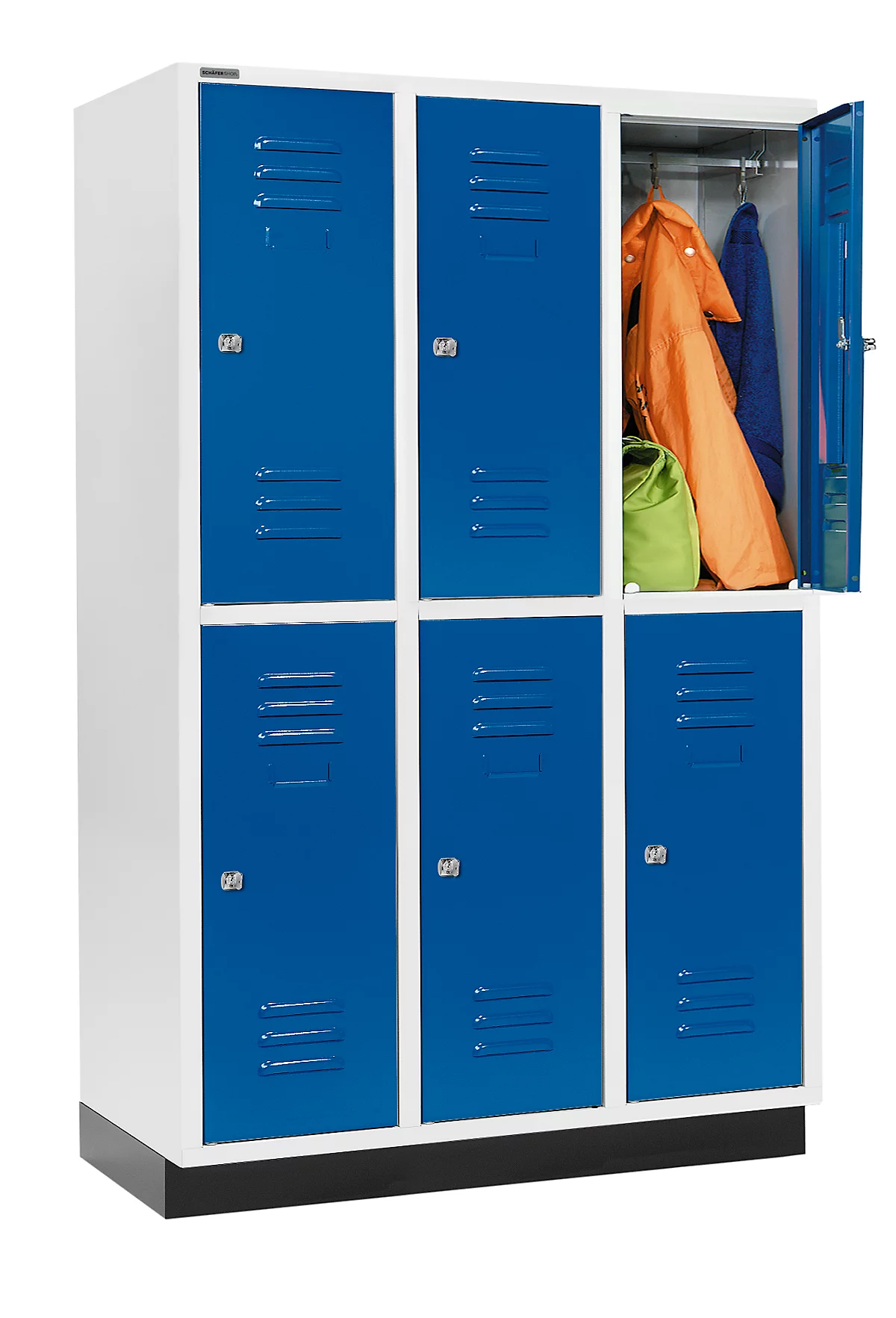 Schäfer Shop Select Armario para ropa, con 3 x 2 compartimentos, 400 mm, con zócalo, cerradura de cilindro, puerta azul genciana