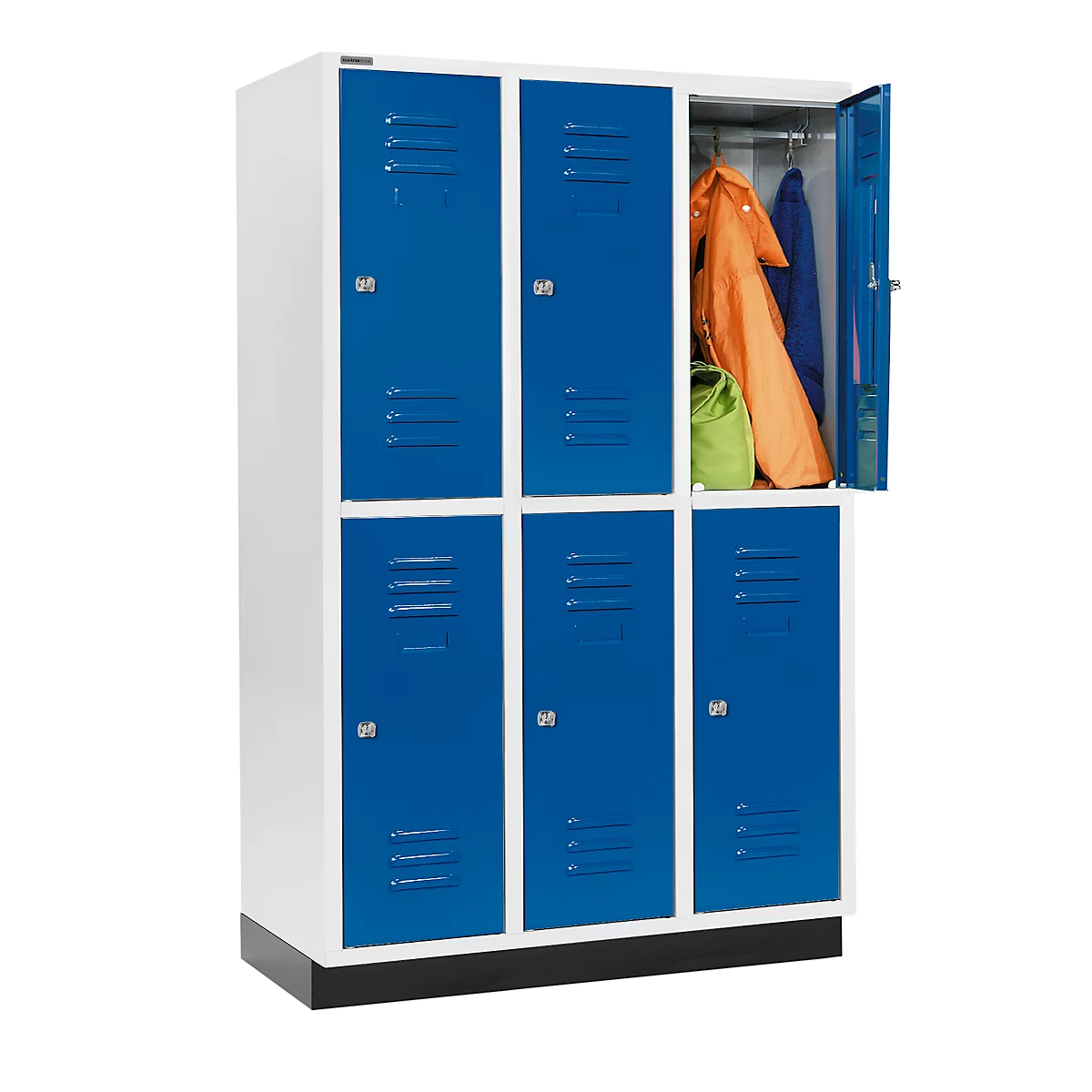 Schäfer Shop Select Armario para ropa, con 3 x 2 compartimentos, 400 mm, con zócalo, cerradura de cilindro, puerta azul genciana