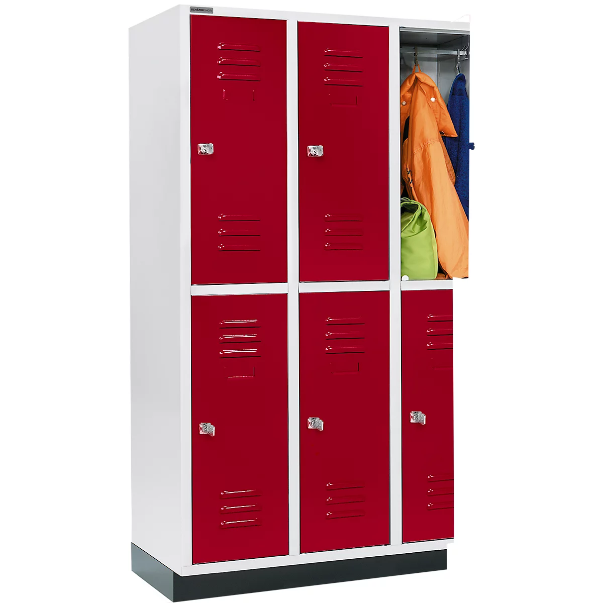 Schäfer Shop Select Armario para ropa, con 3 x 2 compartimentos, 400 mm, con zócalo, cerradura de cilindro, puerta rojo rubí