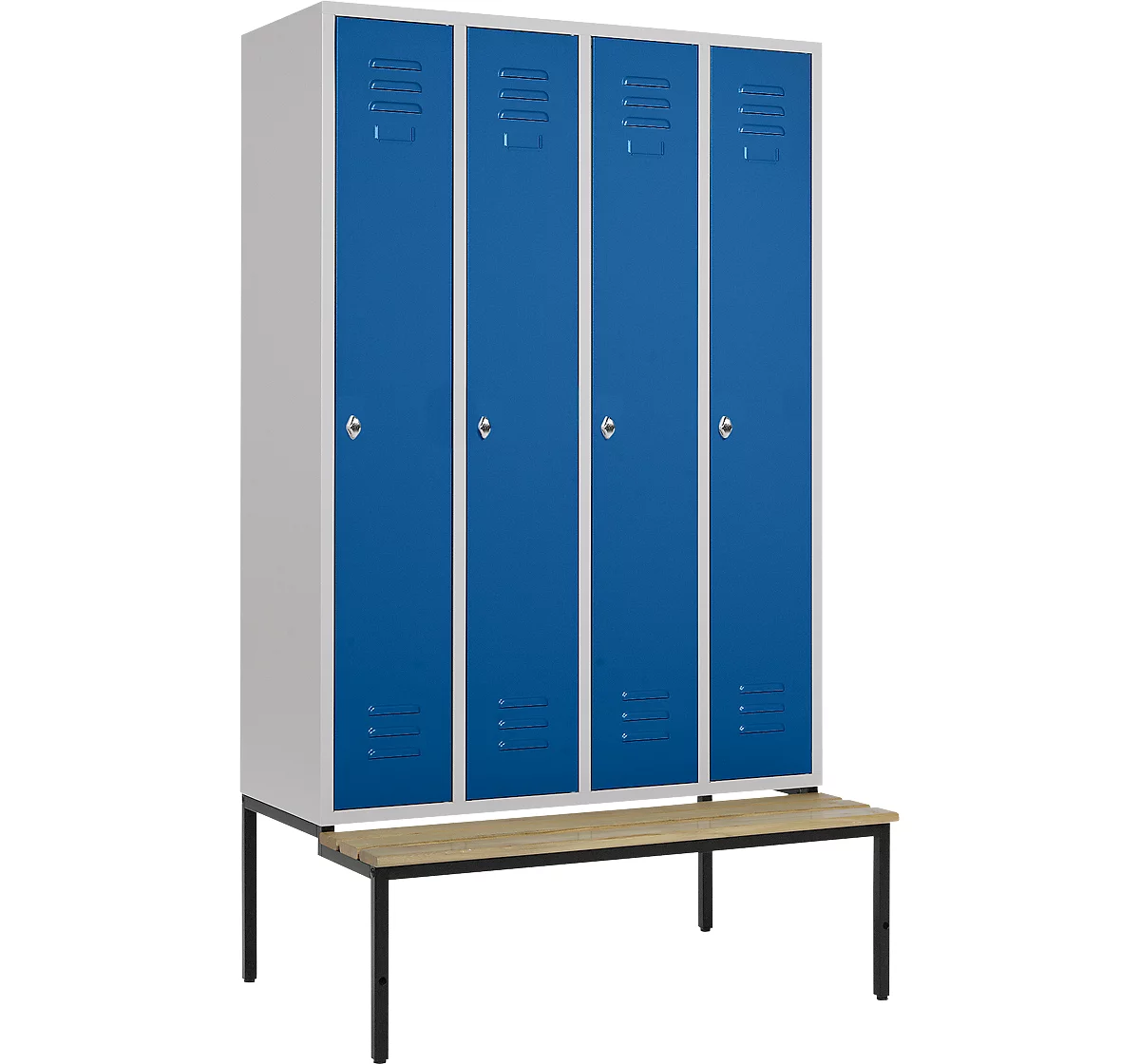 Schäfer Shop Select armario ropero, 4 compartimentos de 300 mm de ancho cada uno, cerradura de pestillo giratorio, con banco, puerta azul genciana