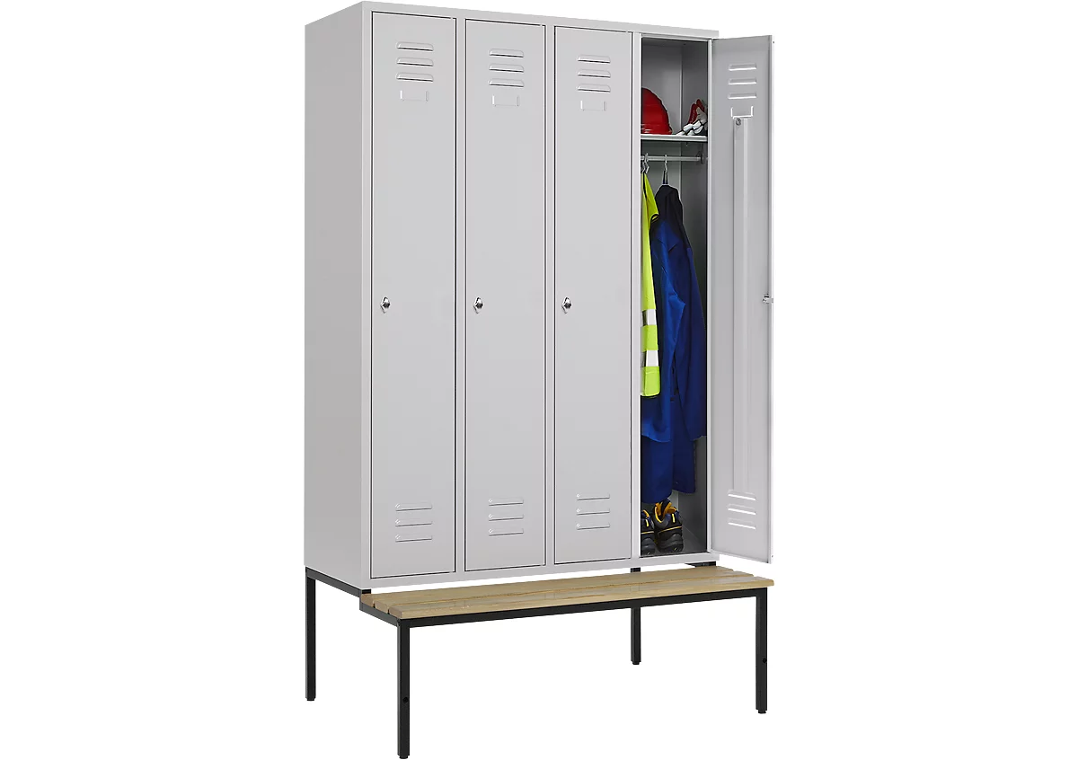 Schäfer Shop Select armario ropero, 4 compartimentos de 300 mm de ancho cada uno, cerradura de pestillo giratorio, con banco, puerta gris claro