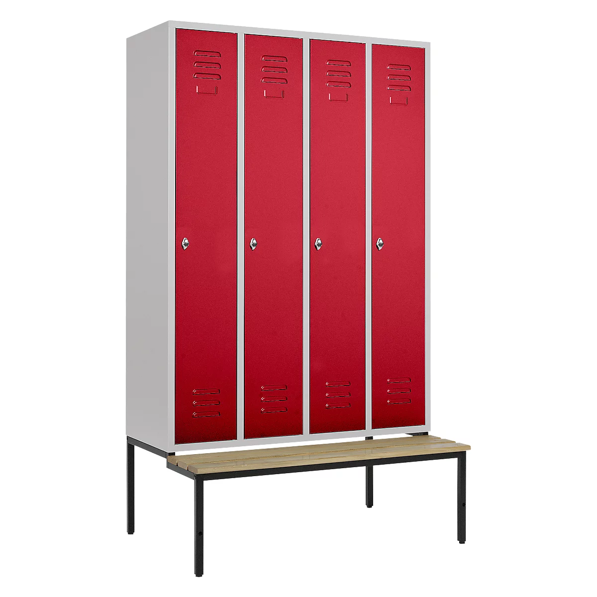 Schäfer Shop Select armario ropero, 4 compartimentos de 300 mm de ancho cada uno, cerradura de pestillo giratorio, con banco, puerta rojo rubí