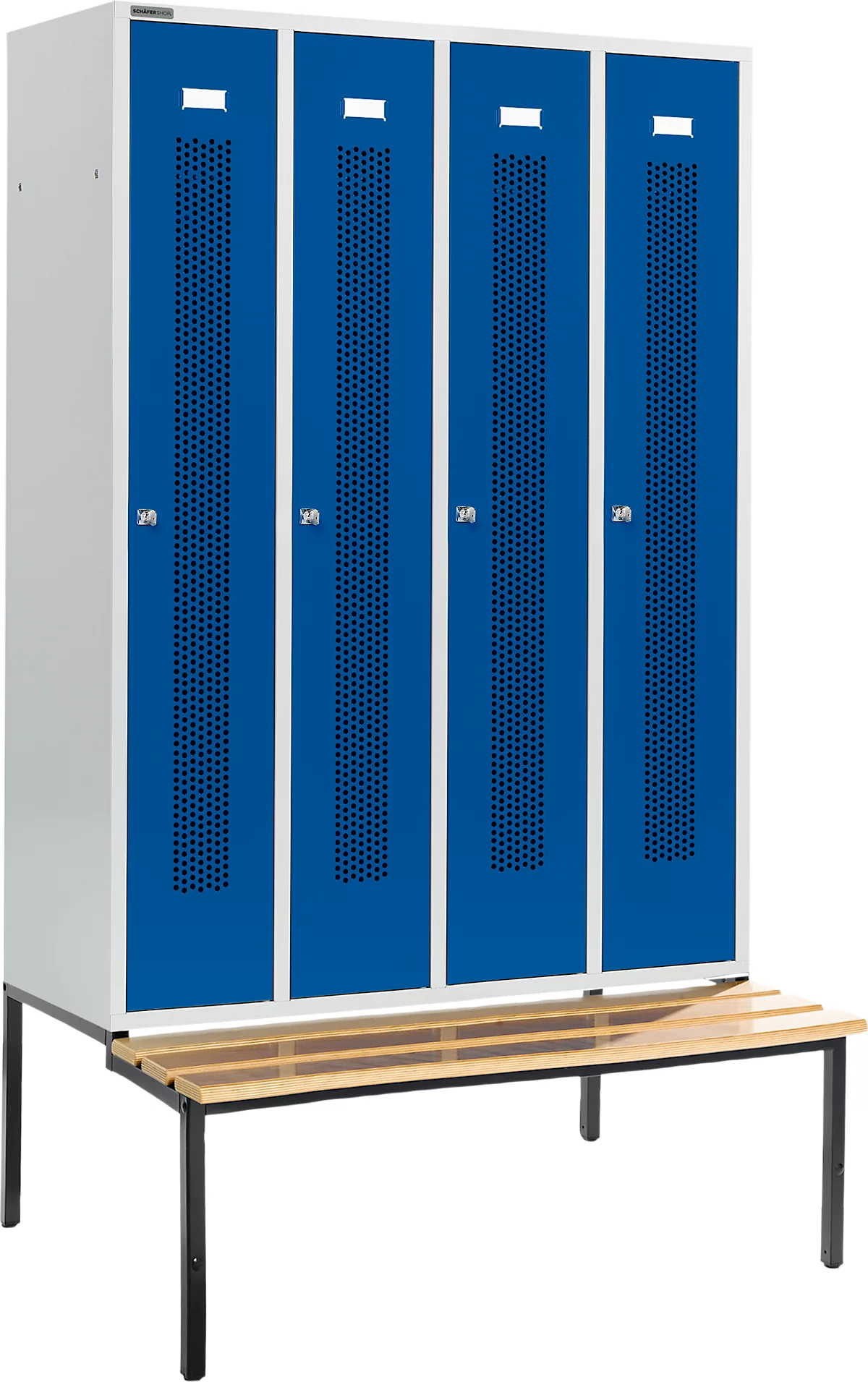 Schäfer Shop Select armario ropero, con banco, 4 compartimentos, 300 mm, cerradura de cilindro, puerta azul genciana