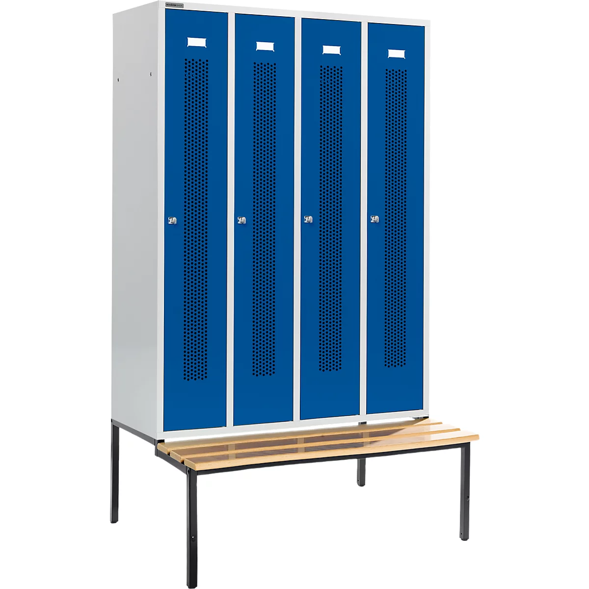 Schäfer Shop Select armario ropero, con banco, 4 compartimentos, 300 mm, cerradura de cilindro, puerta azul genciana