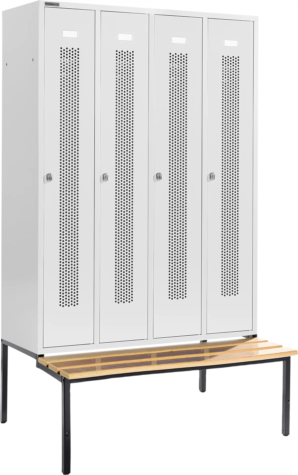 Schäfer Shop Select armario ropero, con banco, 4 compartimentos, 300 mm, cerradura de pestillo giratorio, puerta gris claro