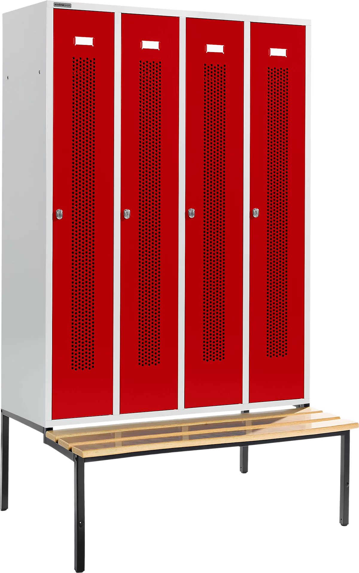 Schäfer Shop Select armario ropero, con banco, 4 compartimentos, 300 mm, cerradura de pestillo giratorio, puerta rojo rubí