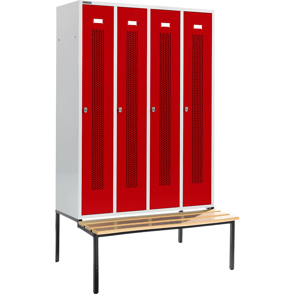 Schäfer Shop Select armario ropero, con banco, 4 compartimentos, 300 mm, cerradura de pestillo giratorio, puerta rojo rubí