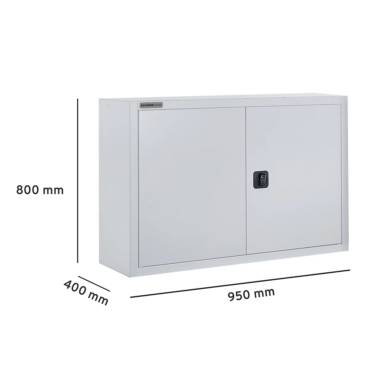 Armario de pared gris, dimensiones: 950 x 800 x 400 mm, con dos puertas y asa negra.