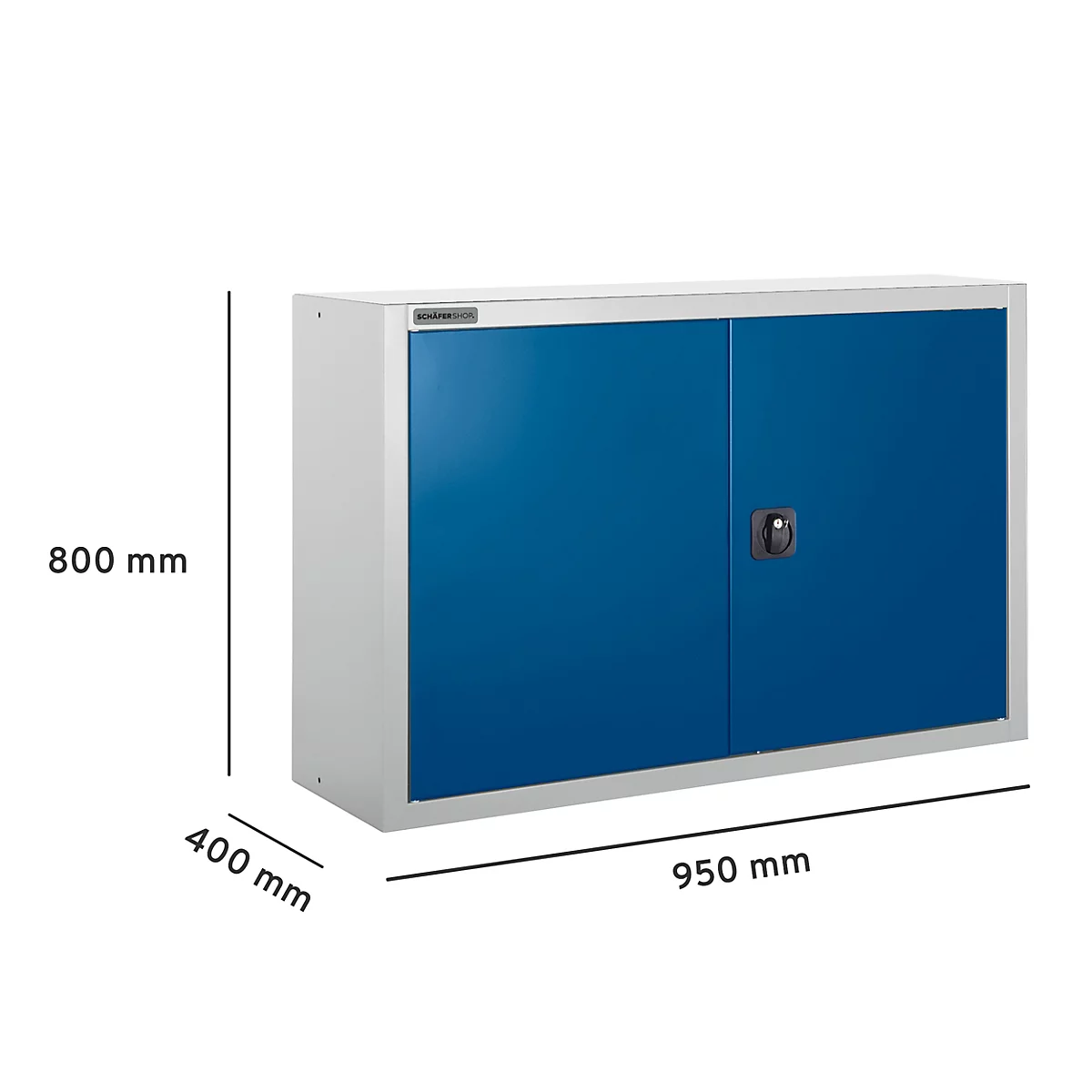 Armario de pared azul y gris con dos puertas, se indican las dimensiones.