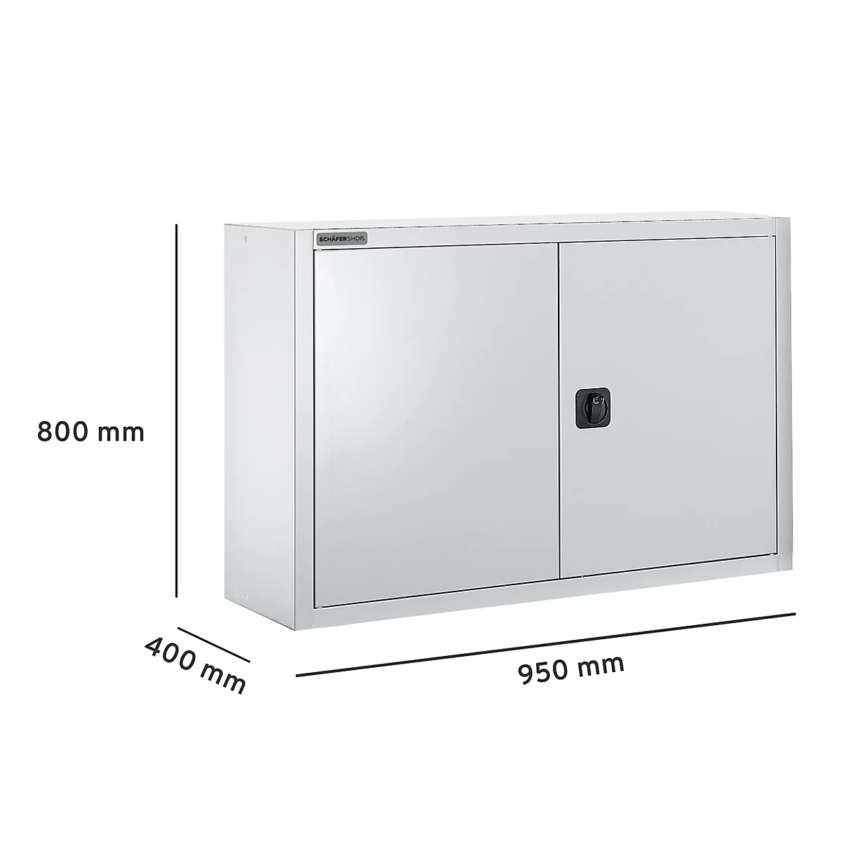 Armario de pared metálico con dos puertas, tirador negro y dimensiones.