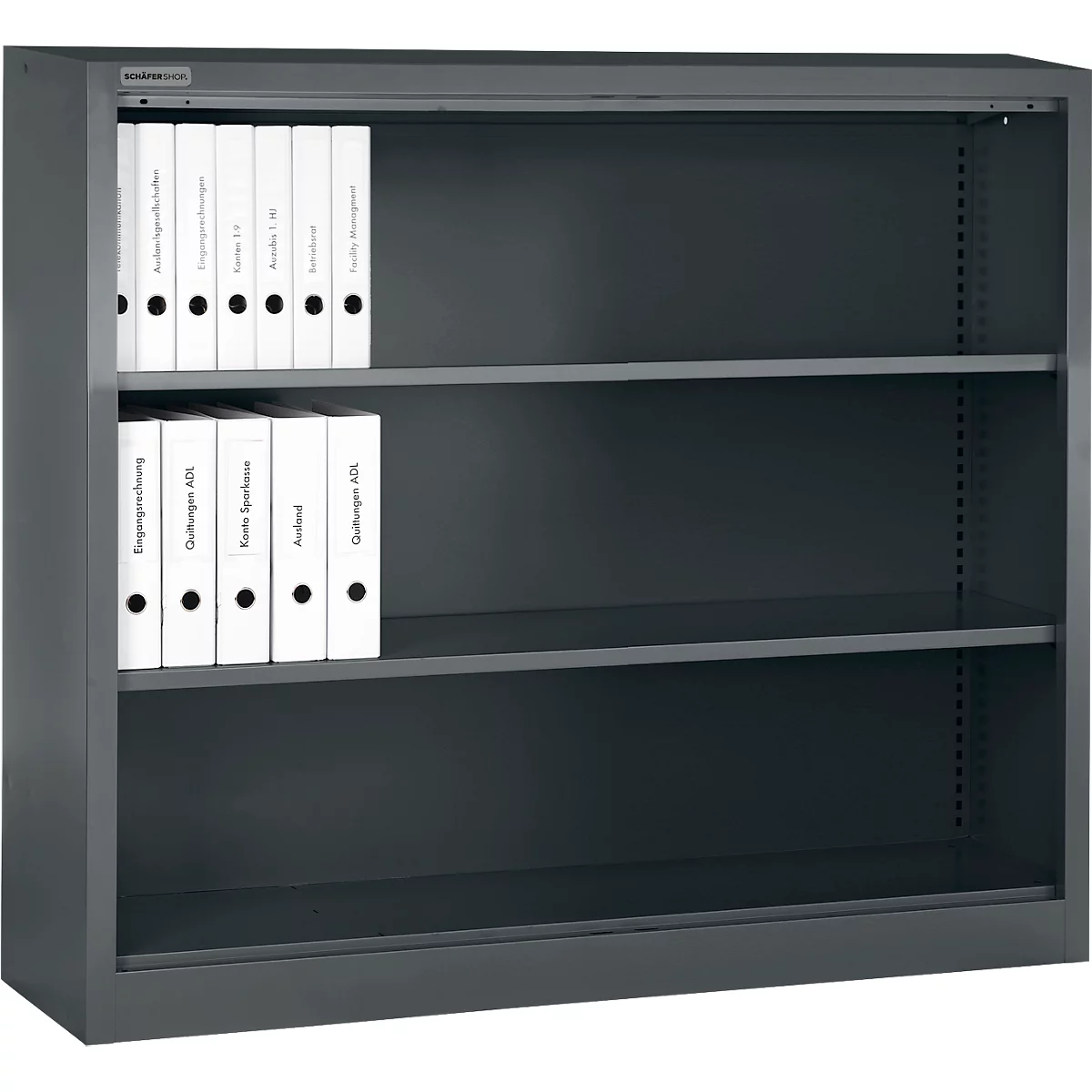 Classeur gris avec des classeurs blancs, chacun étiqueté avec du texte tel que 'Quittungen ADL'.