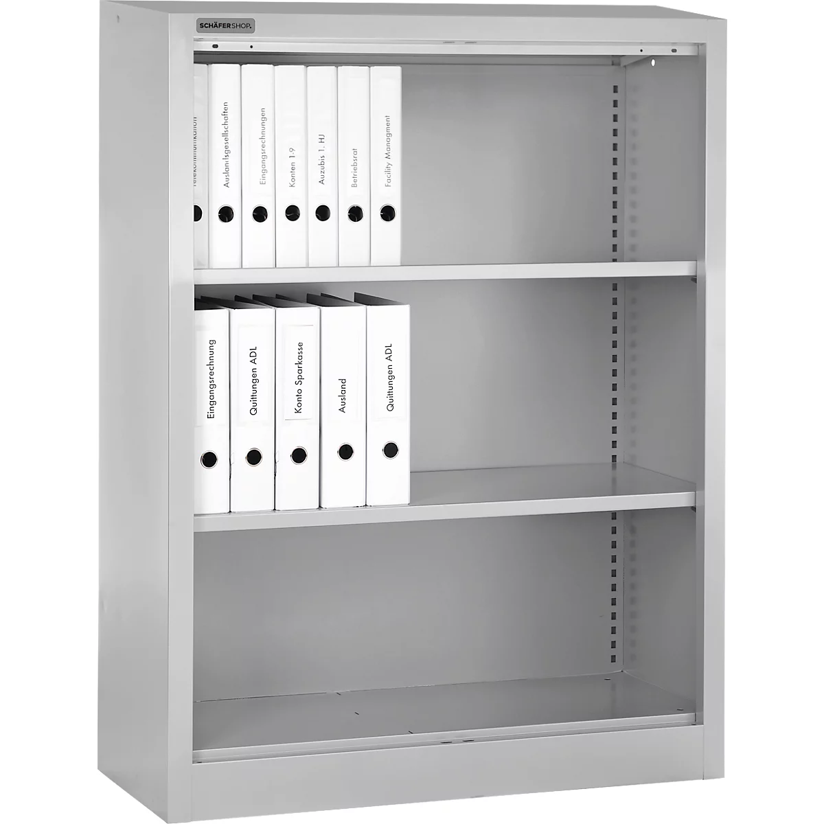 Classeur gris avec dossiers. Deux étagères remplies de dossiers blancs. Le classeur se trouve devant un fond neutre.