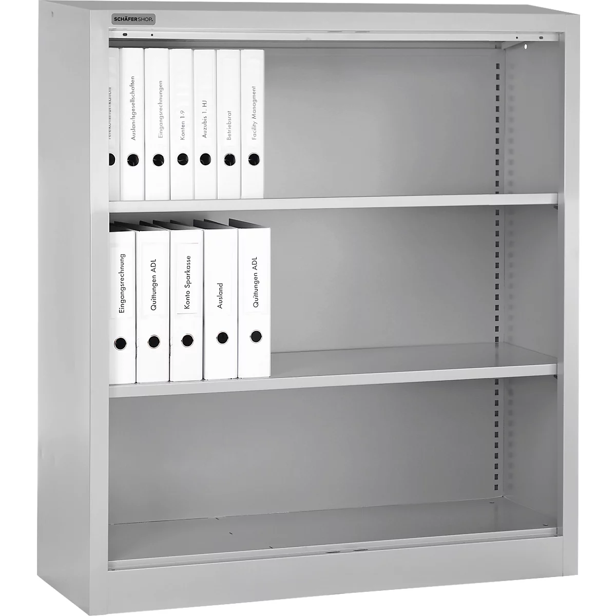 Classeur gris avec dossiers. Les étiquettes sur les dossiers sont lisibles.