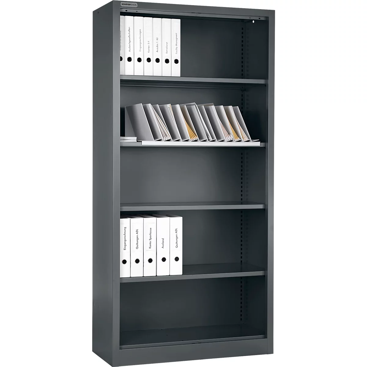 Classeur gris avec des dossiers sur des étagères. Les dossiers sont blancs avec du texte noir.