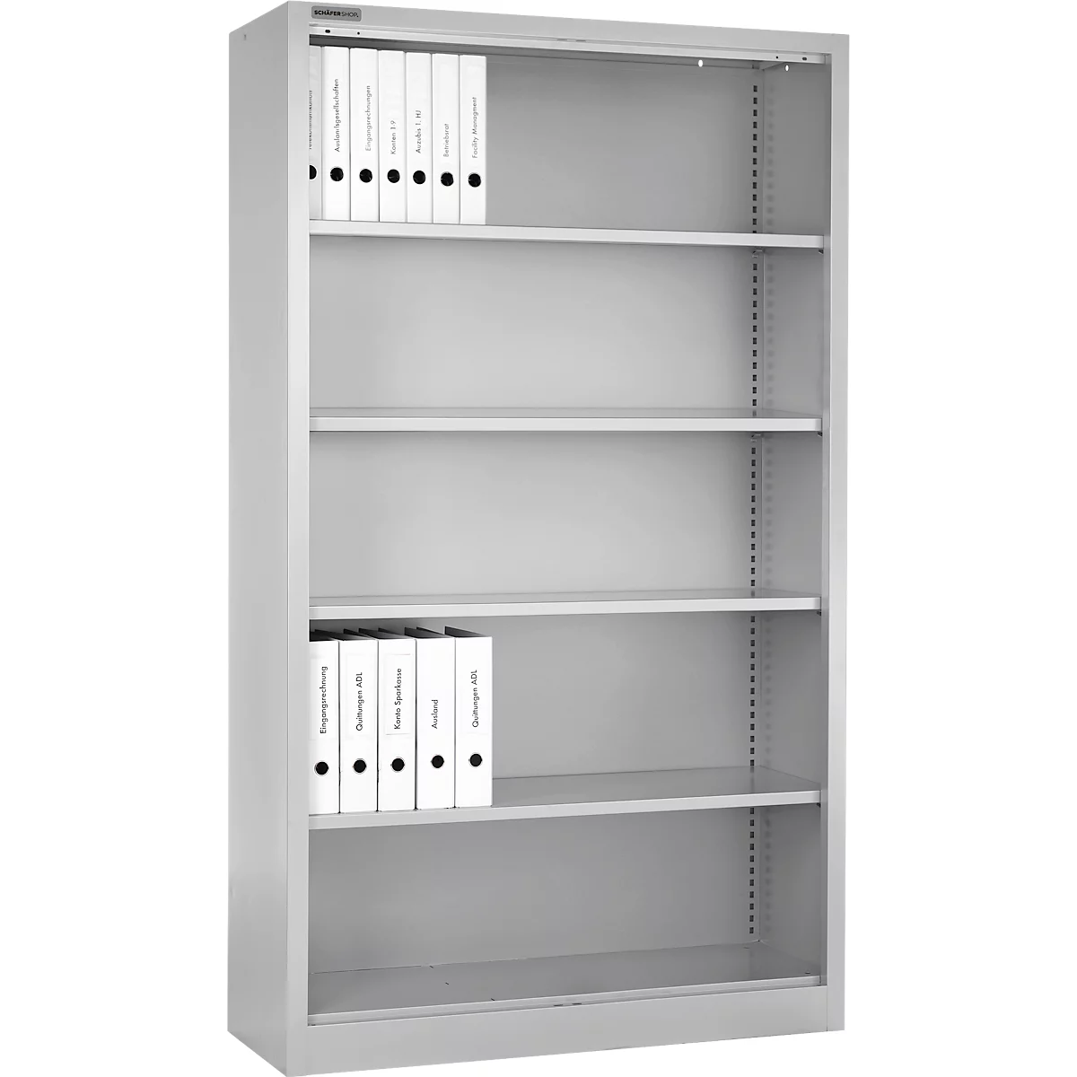 Classeur gris avec dossiers. Plusieurs étagères offrent de l'espace pour les dossiers, ce qui est courant dans un environnement de bureau.