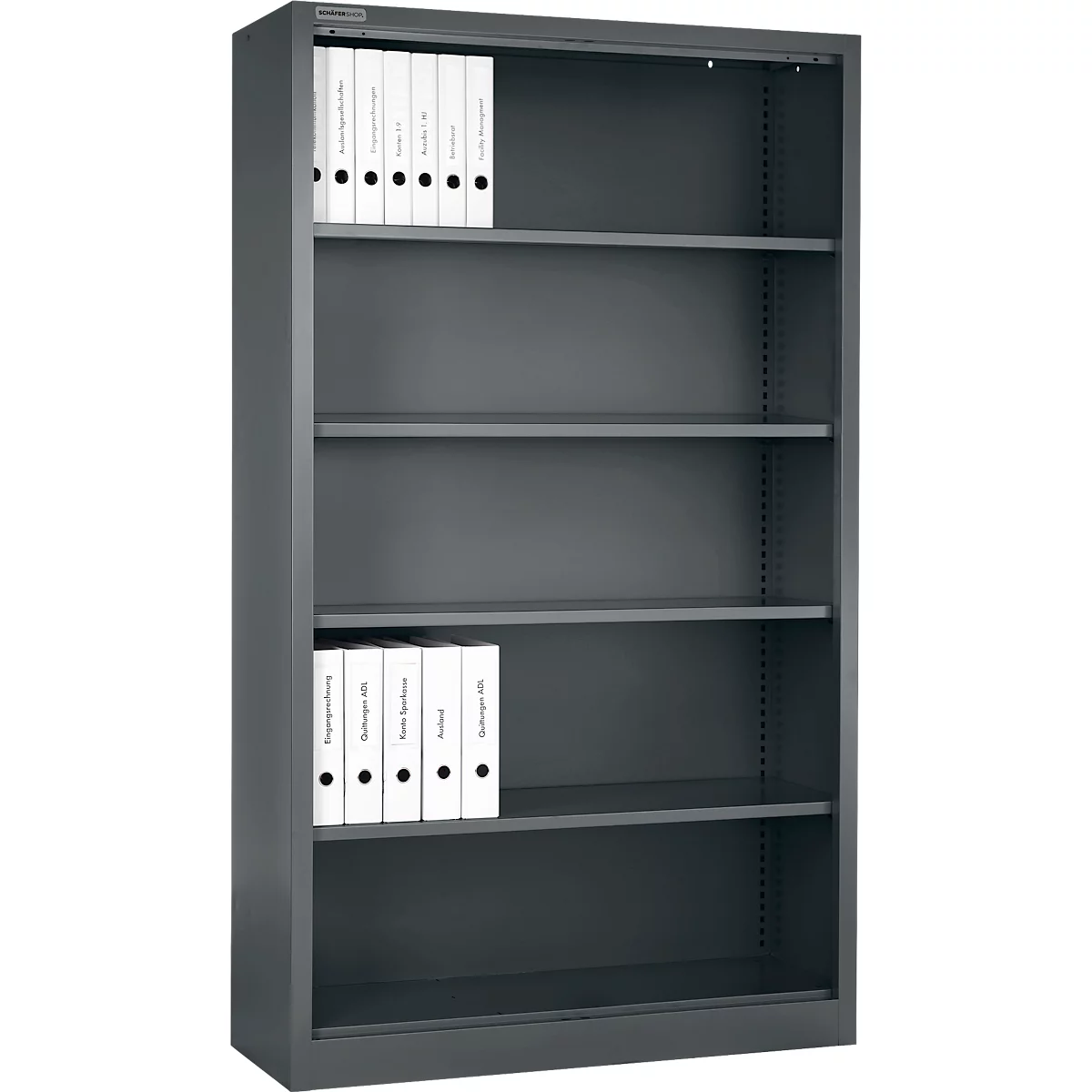 Étagère ouverte grise avec quatre étagères, partiellement remplie de classeurs blancs. Une marque est en haut.