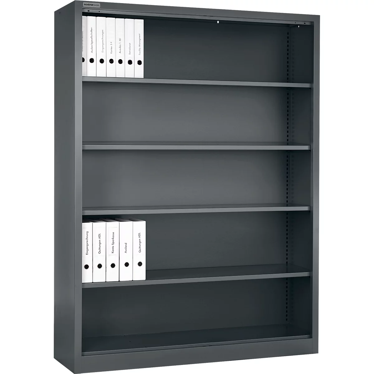 Classeur gris foncé à cinq étagères. Quelques dossiers sont dans les sections supérieures et inférieures.
