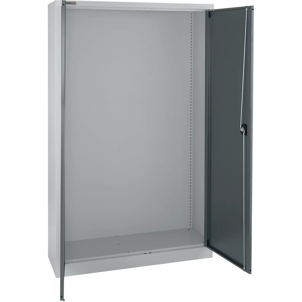 Armoire grise et vide avec porte ouverte sur fond blanc.