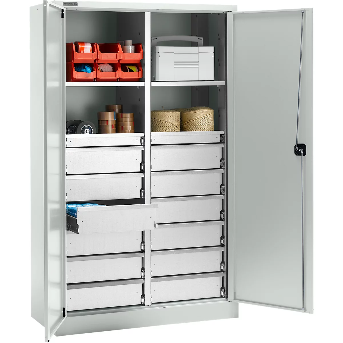 Schäfer Shop Select Armoire à matériel MS 2512, avec 14 tiroirs, L 1200 x P 500 x H 1935 mm, tôle fine, gris clair