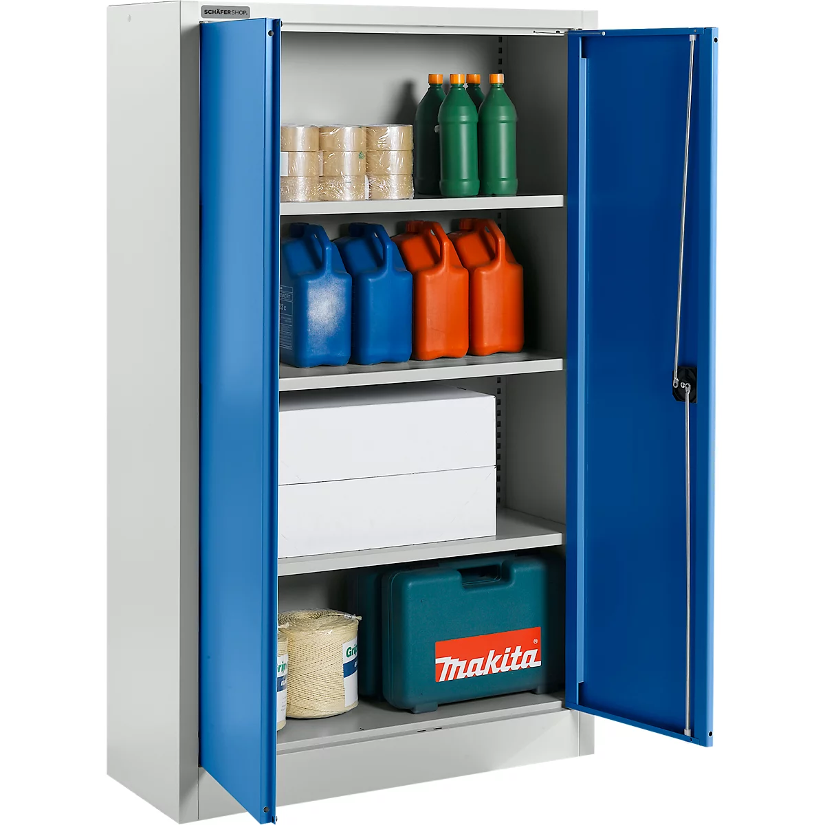 Armoire en acier ouverte avec cadre bleu et étagères. Il y a des rouleaux, des bidons, des boîtes et une boîte à outils sur les étagères.