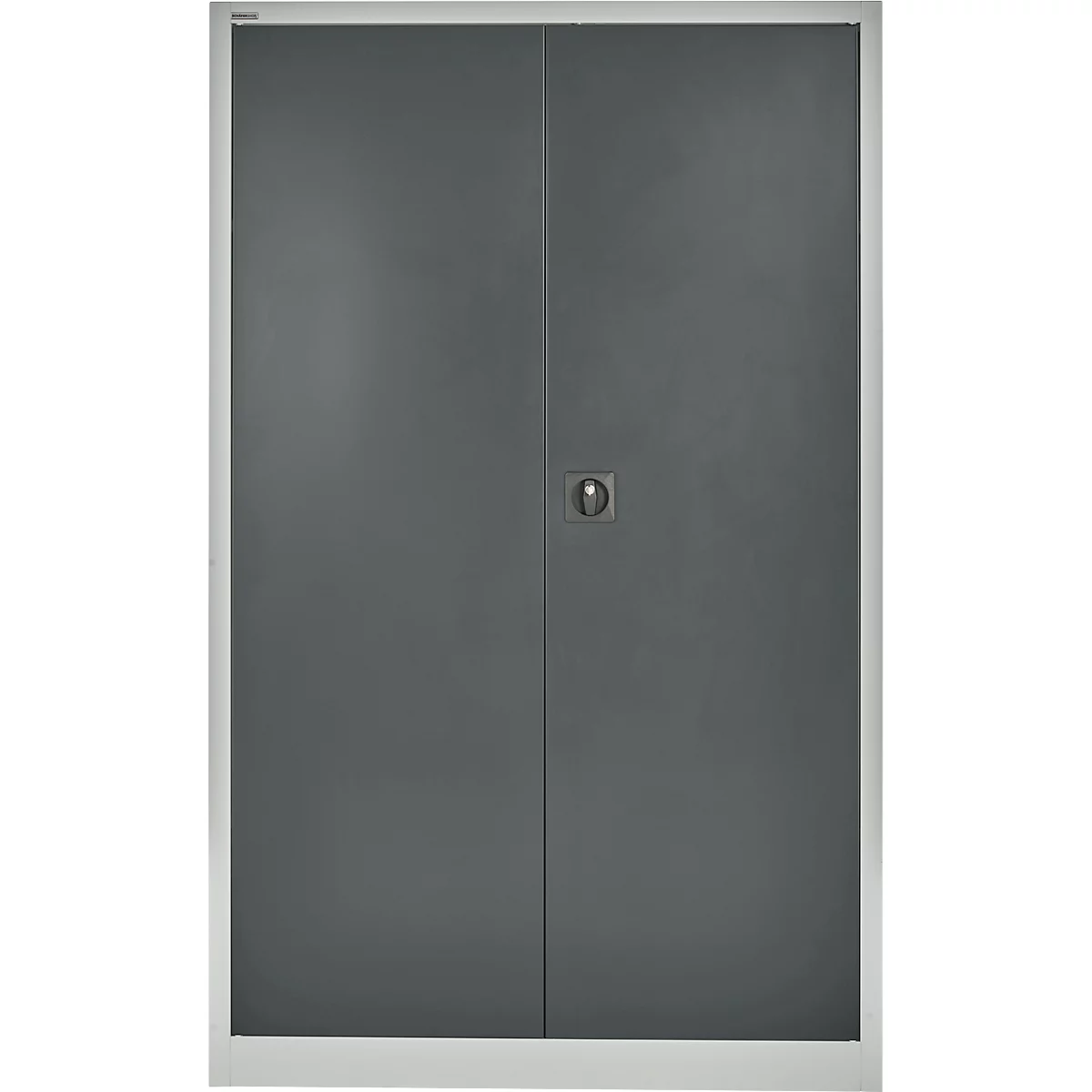 Porte double grise avec poignée argentée et cadre blanc.