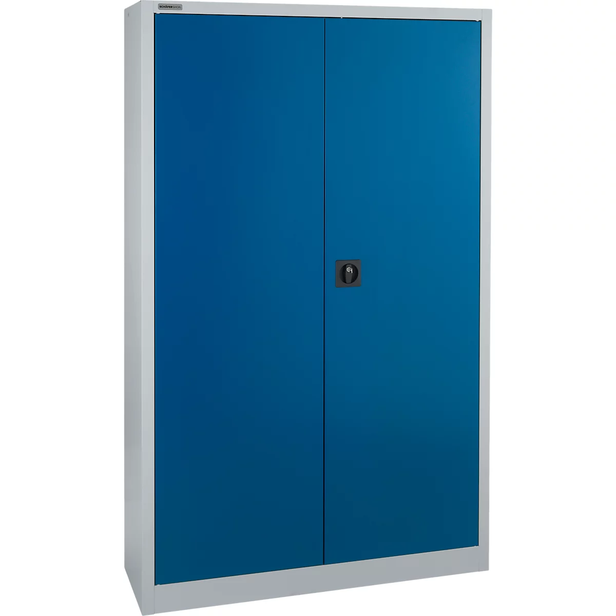Armoire bleue à deux portes, poignée noire et cadre argenté.