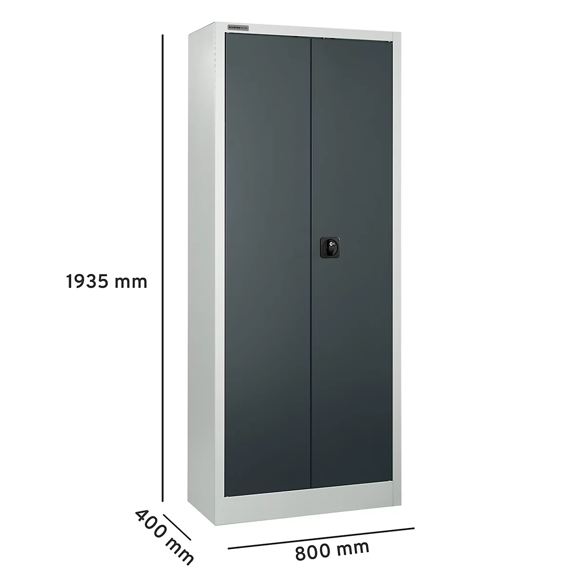 Armoire en acier grise à deux portes, poignée noire et dimensions. Hauteur : 1935 mm, largeur : 800 mm, profondeur : 400 mm.