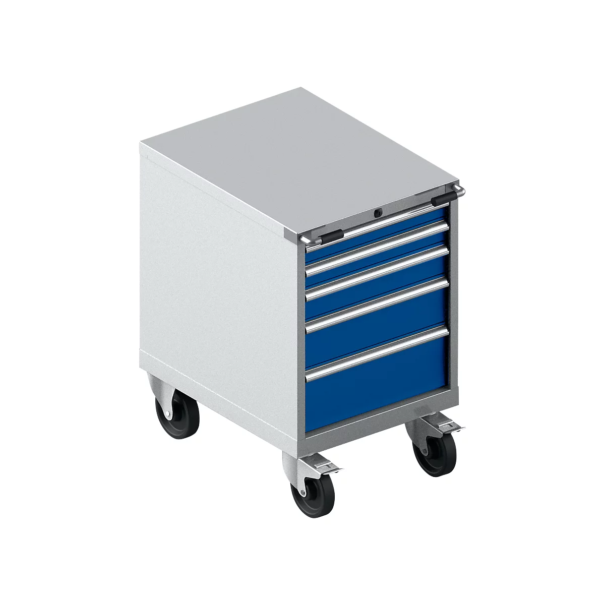 Schäfer Shop Select Armoire à outils mobile WSK 27-36, 5 tiroirs, H 920 mm, fermeture simple, acier, charge max. 200 kg, aluminium blanc/bleu gentiane