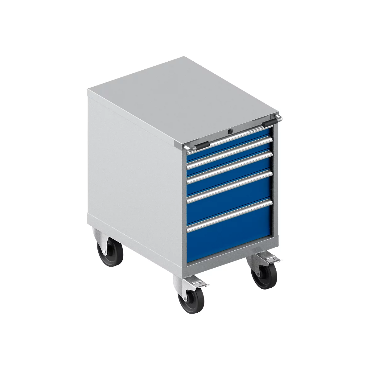 Schäfer Shop Select Armoire à outils mobile WSK 27-36, 5 tiroirs, H 920 mm, fermeture simple, acier, charge max. 75 kg, aluminium blanc/bleu gentiane