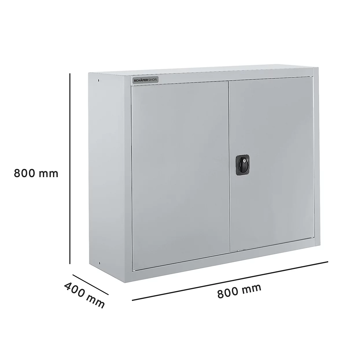 Armoire grise murale à deux portes et poignée noire, dimensions : 800 x 800 x 400 mm.