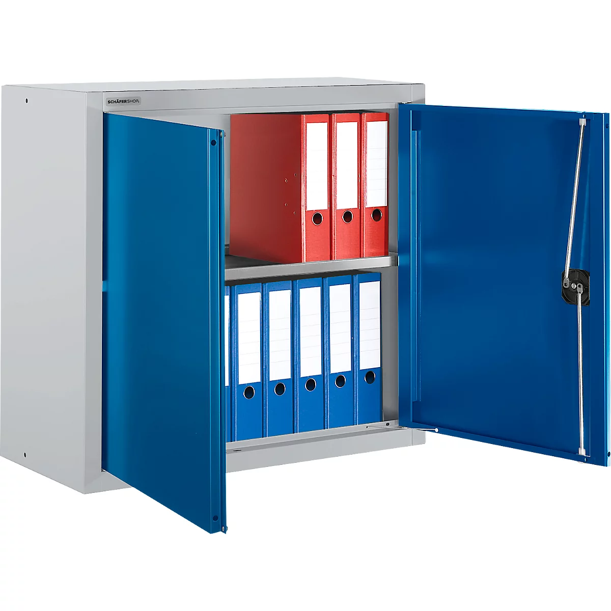 Schäfer Shop Select Armoire à poser MS 8408i, L 800 x P 400 x H 800 mm, 1 fond, acier, aluminium blanc RAL 9006/bleu enzyme RAL 5010