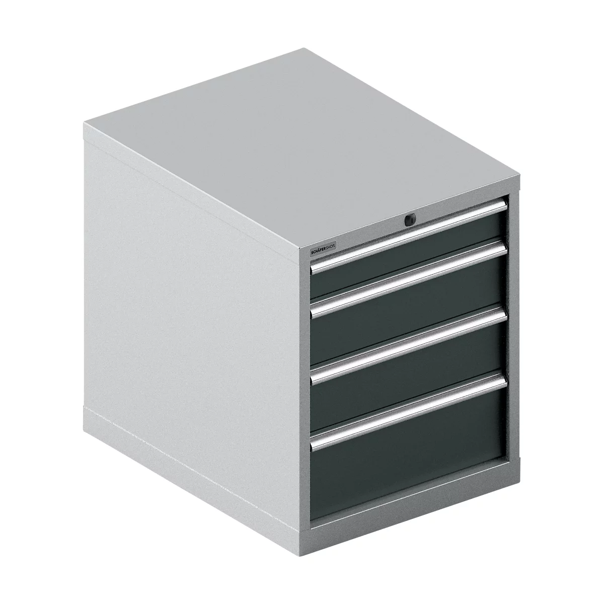 Armoire à outils grise avec trois tiroirs, poignées argentées et une serrure.