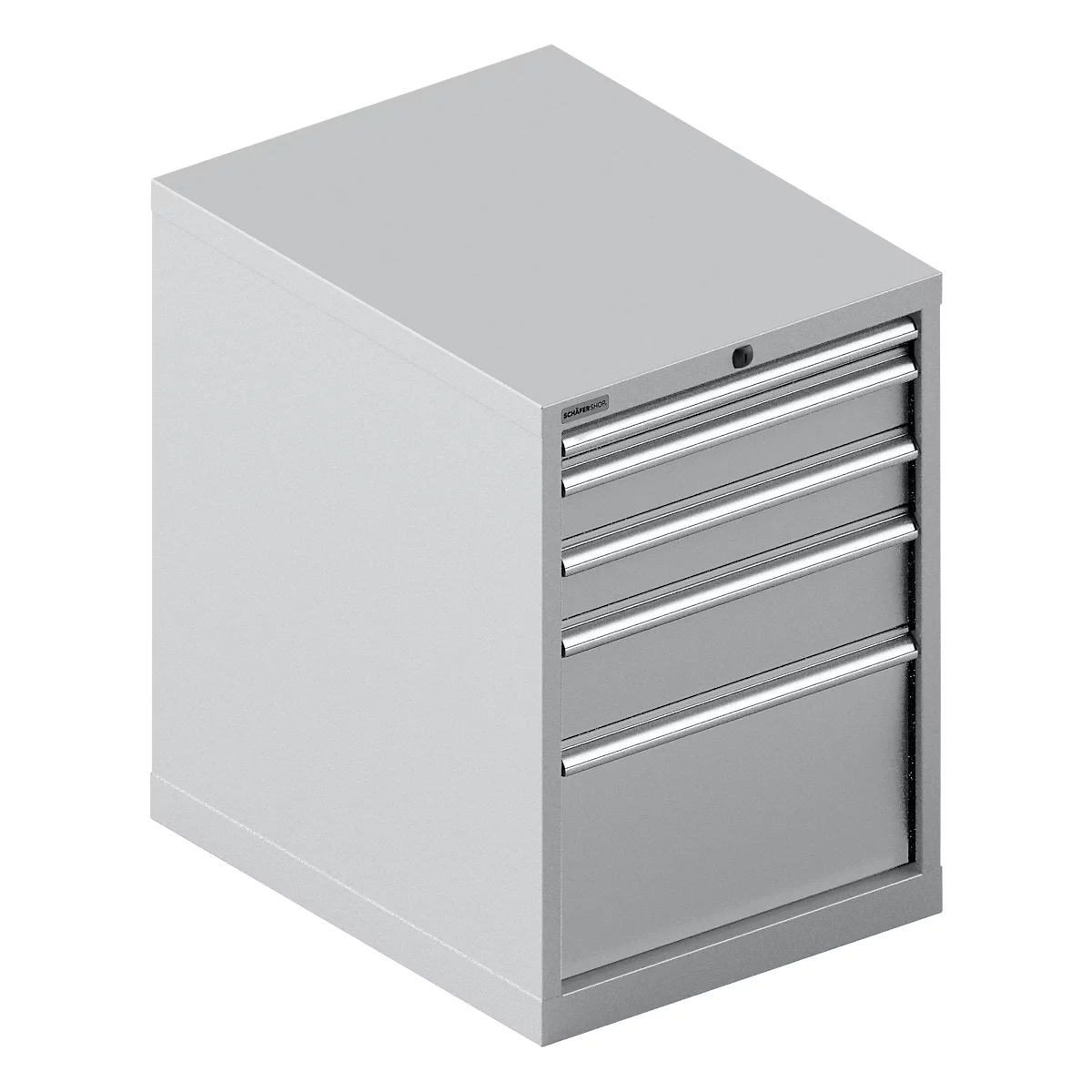Armoire à outils grise avec quatre tiroirs et poignées, serrure en haut.