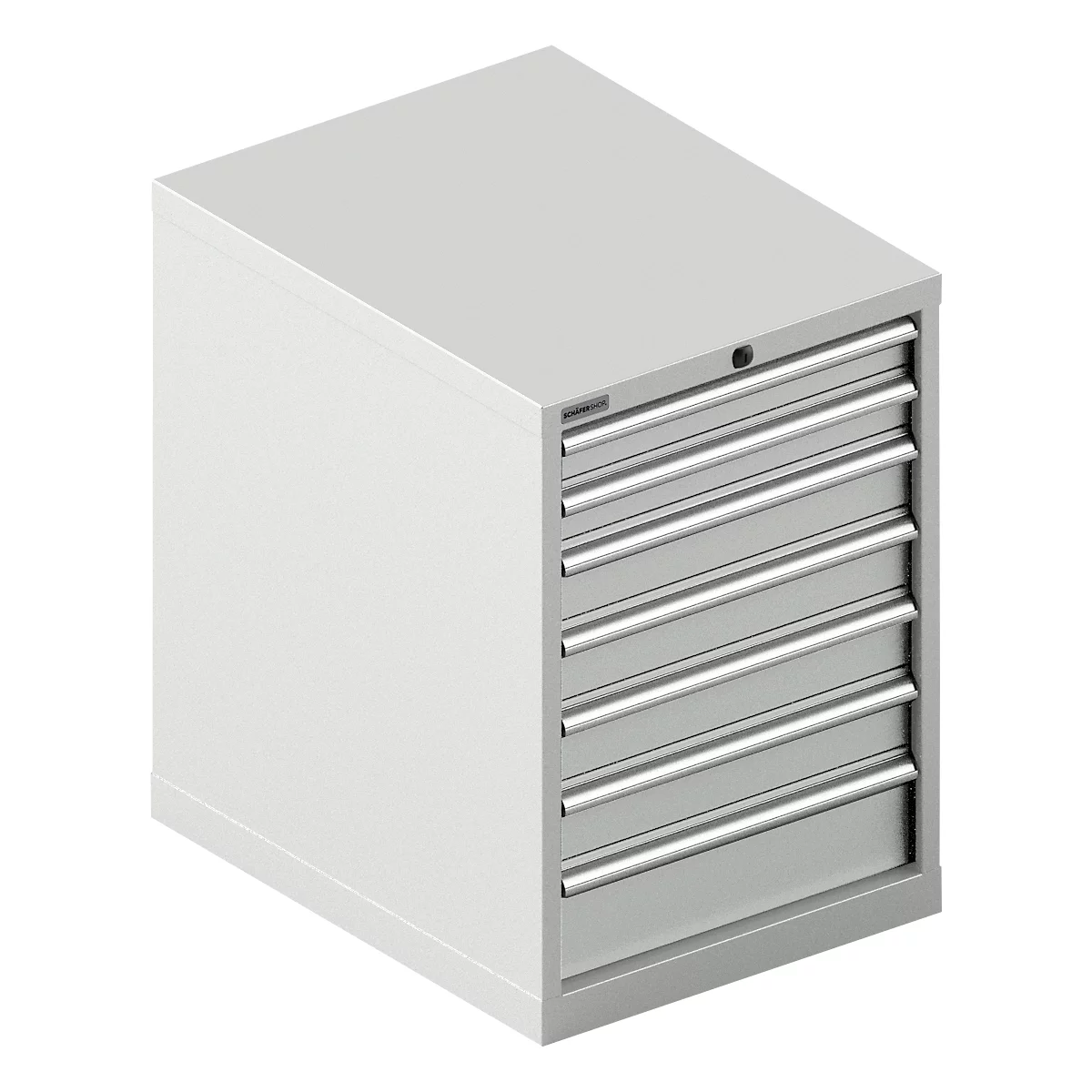 Armoire à outils gris clair avec 6 tiroirs, poignées métalliques et une petite serrure en haut.