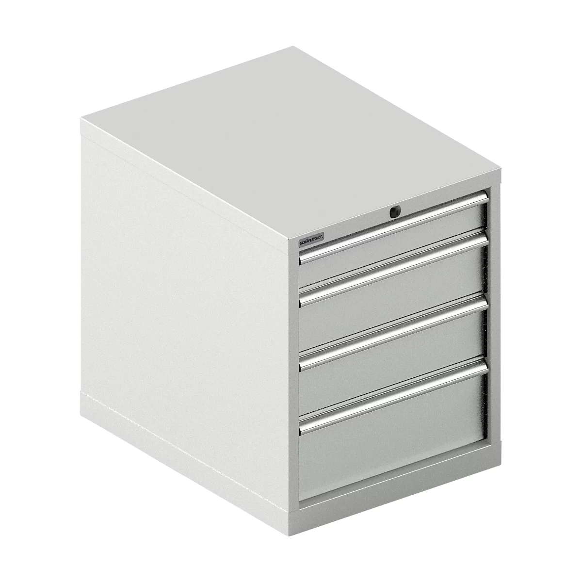 Armoire à outils gris clair avec quatre tiroirs et poignées argentées.