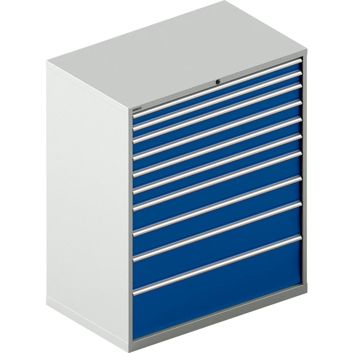 Schäfer Shop Select Armoire à tiroirs 64-36, 10 tiroirs, jusqu'à 200 kg, L 1193 x P 725 x H 1450 mm, gris clair/bleu azur
