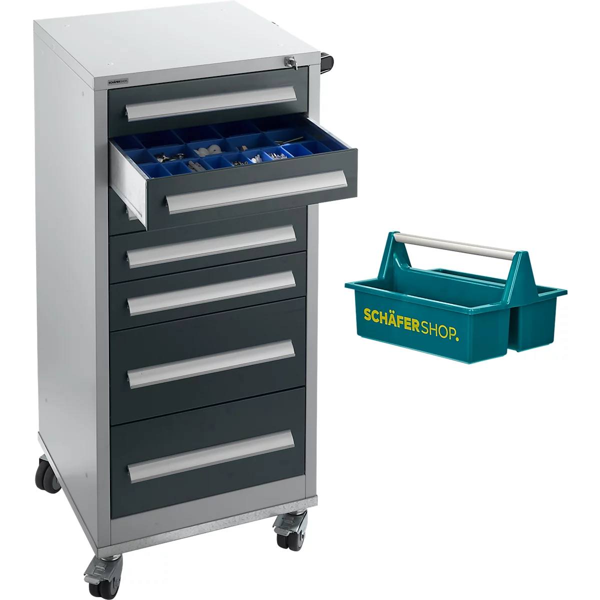 Armoire à outils grise et noire avec un tiroir ouvert. À côté, une boîte à outils verte avec poignée.