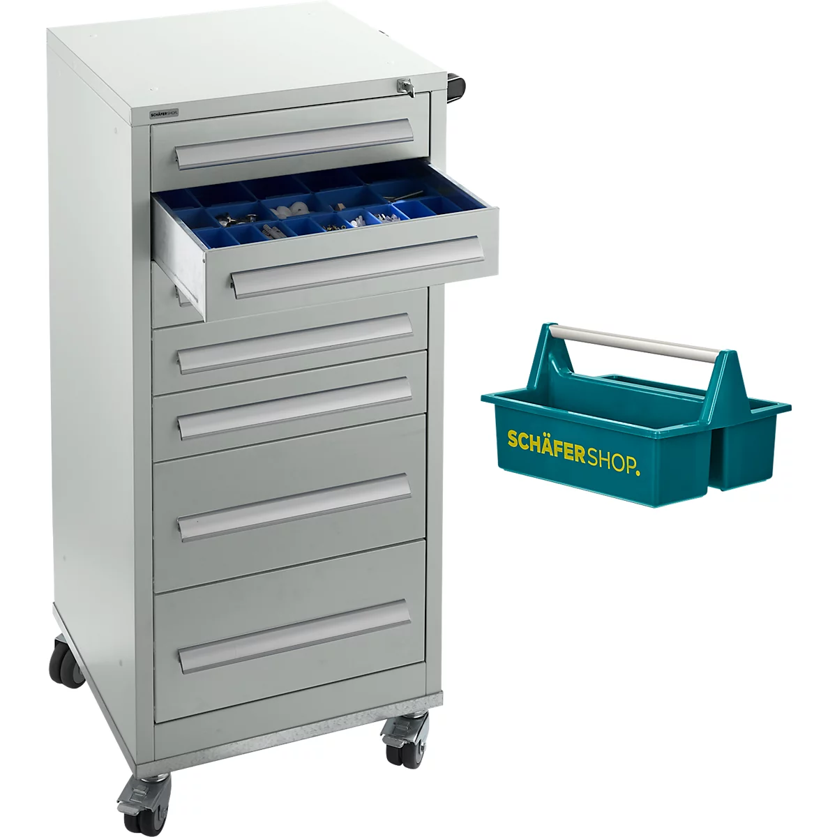 Chariot à outils gris avec tiroir ouvert rempli d'outils et boîte à outils verte avec poignée.