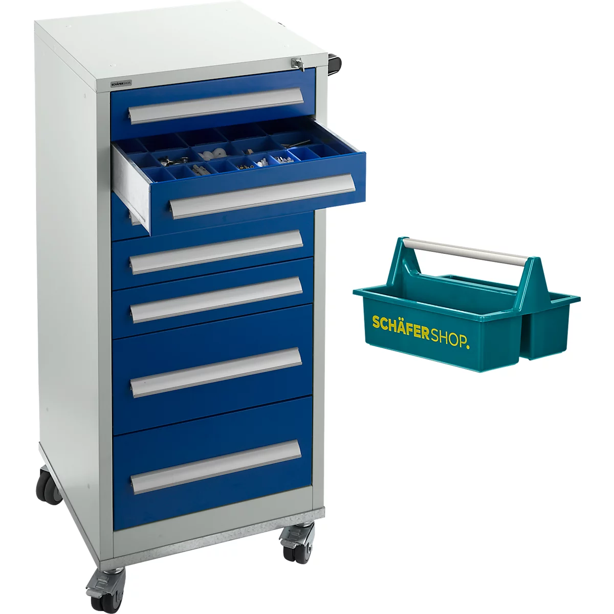 Chariot à outils bleu et blanc avec un tiroir ouvert, à côté une boîte à outils verte avec une poignée argentée.