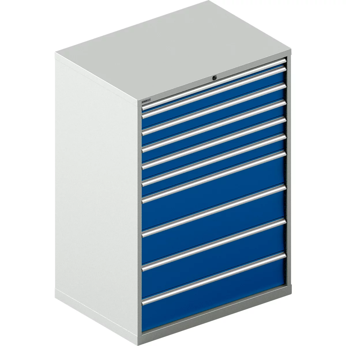 Schäfer Shop Select Armoire à tiroirs WSK 54-36, acier, 10 tiroirs, jusqu'à 200 kg, L 1023 x P 725 x H 1450 mm, gris clair/bleu azur