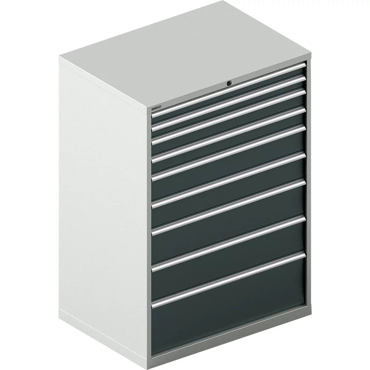 Schäfer Shop Select Armoire à tiroirs WSK 54-36, acier, 8 tiroirs, jusqu'à 200 kg, L 1023 x P 725 x H 1000 mm, gris clair/gris anthracite