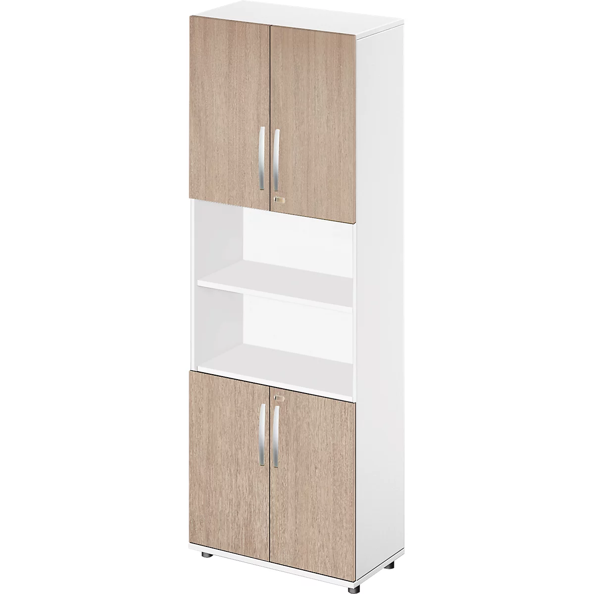 Schäfer Shop Select Armoire combinée LOGIN, en haut et en bas 2 hauteurs de classeurs avec porte, au milieu étagère, L 800 x P 420 x H 2240 mm, blanc/chêne