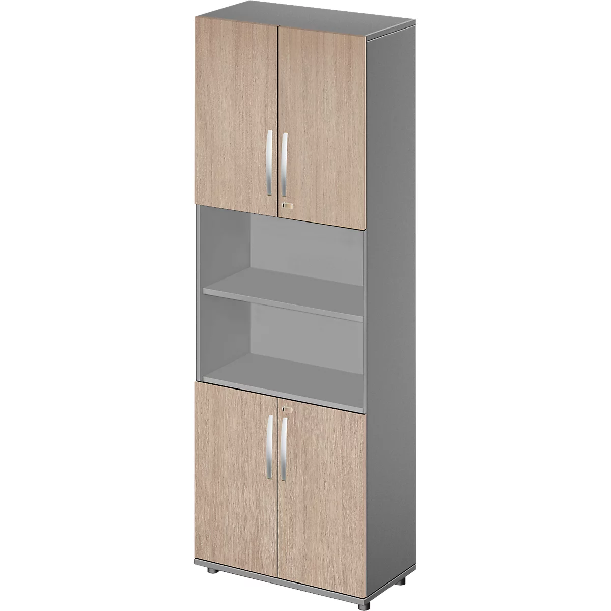 Schäfer Shop Select Armoire combinée LOGIN, en haut et en bas 2 hauteurs de classeurs avec porte, au milieu étagère, L 800 x P 420 x H 2240 mm,graphite/chêne